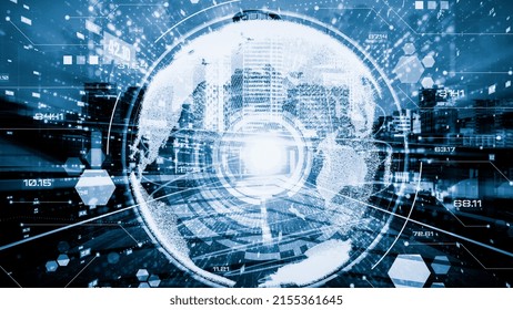 Futuristic global network and tacit digital data transfer 3D graphic . Concept of smart digital transformation and technology disruption that changes global trends in new information era .
