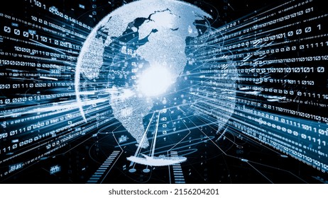 Futuristic global network and tacit digital data transfer 3D graphic . Concept of smart digital transformation and technology disruption that changes global trends in new information era .