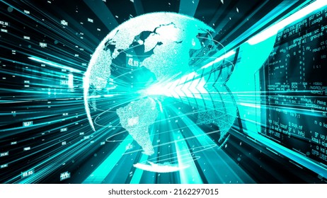 Futuristic global network and tacit digital data transfer 3D graphic . Concept of smart digital transformation and technology disruption that changes global trends in new information era .
