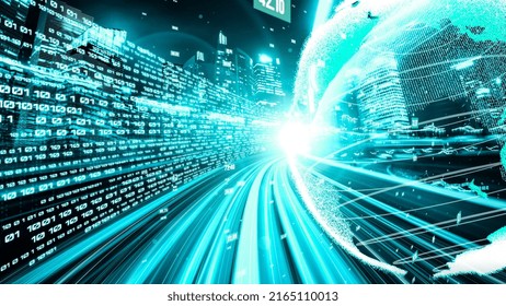 Futuristic global network and tacit digital data transfer 3D graphic . Concept of smart digital transformation and technology disruption that changes global trends in new information era .