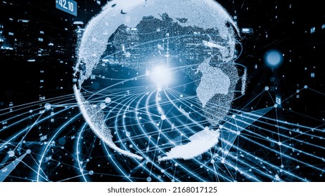 Futuristic global network and tacit digital data transfer 3D graphic . Concept of smart digital transformation and technology disruption that changes global trends in new information era .