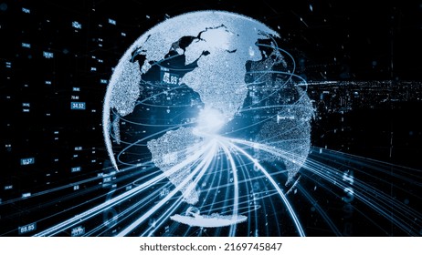 Futuristic global network and tacit digital data transfer 3D graphic . Concept of smart digital transformation and technology disruption that changes global trends in new information era .