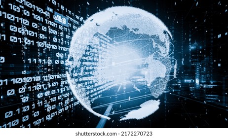 Futuristic global network and tacit digital data transfer 3D graphic . Concept of smart digital transformation and technology disruption that changes global trends in new information era .