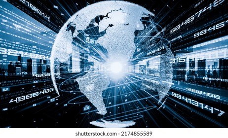 Futuristic global network and tacit digital data transfer 3D graphic . Concept of smart digital transformation and technology disruption that changes global trends in new information era .