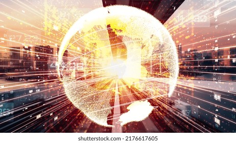 Futuristic global network and tacit digital data transfer 3D graphic . Concept of smart digital transformation and technology disruption that changes global trends in new information era .