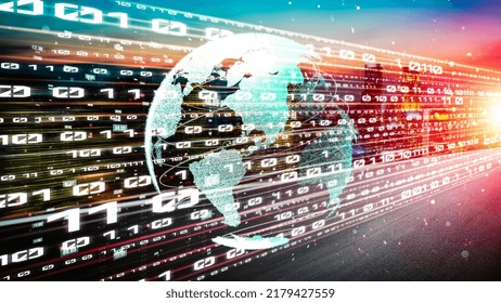 Futuristic global network and tacit digital data transfer 3D graphic . Concept of smart digital transformation and technology disruption that changes global trends in new information era .