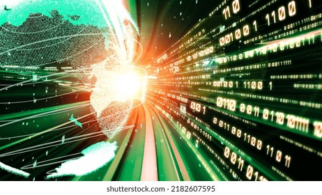 Futuristic global network and tacit digital data transfer 3D graphic . Concept of smart digital transformation and technology disruption that changes global trends in new information era .