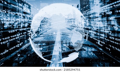 Futuristic global network and tacit digital data transfer 3D graphic . Concept of smart digital transformation and technology disruption that changes global trends in new information era .