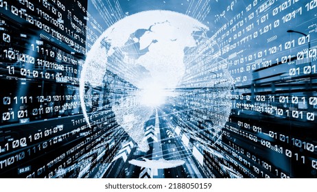 Futuristic global network and tacit digital data transfer 3D graphic . Concept of smart digital transformation and technology disruption that changes global trends in new information era .