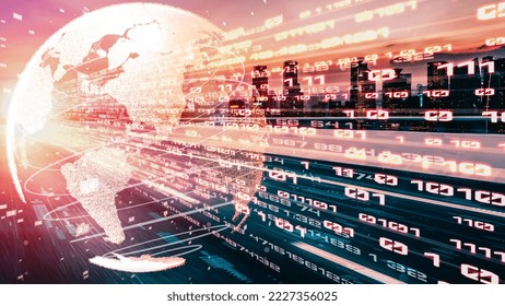 Futuristic global network and tacit digital data transfer 3D graphic . Concept of smart digital transformation and technology disruption that changes global trends in new information era .