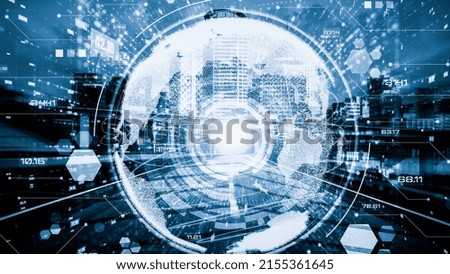 Futuristic global network and tacit digital data transfer 3D graphic . Concept of smart digital transformation and technology disruption that changes global trends in new information era .