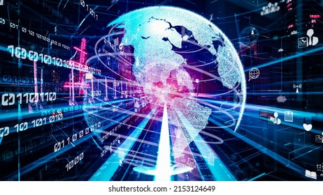 Futuristic Global Social Media, People Network And Tacit Digital Data Sharing . Concept Of Smart Digital Transformation And Technology Disruption That Changes Global Trends In New Information Era .