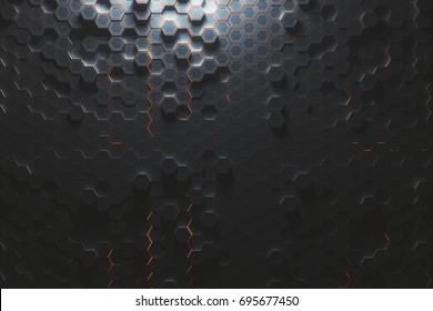 Futuristic glowing amber hexagonal or honeycomb background. Technology, future and innovation concept. 3D Rendering 