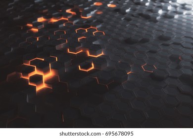 Futuristic glowing amber hexagonal or honeycomb wallpaper. Technology, future and innovation concept. 3D Rendering 
