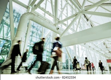 Futuristic Guangzhou Airport Interior People Walking In Motion Blur