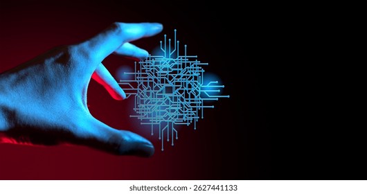 Futuristic Hand Interacting with Digital Circuit Network – AI and Cyber Technology Concept