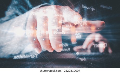 Futuristic hand interaction with a digital interface showing "Hello" in multiple languages and glowing lines on a virtual grid, symbolizing technology and language translation in the cyber world.