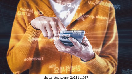 Futuristic hand interaction with a digital interface showing "Hello" in multiple languages and glowing lines on a virtual grid, symbolizing technology and language translation in the cyber world.