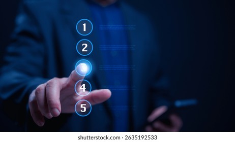 Futuristic Hand Interface Smart Choice On Blue Background, Selecting 3 From Digital List In Technology Project Concept Featuring Blurred Tech And Smart Device