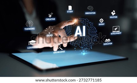 Futuristic Hand Touching Technology Interface Depicting Artificial Intelligence Concepts and Ideas for Innovation and Learning in Modern World Quark.