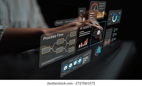 Futuristic Hands Interacting with Digital Interface Displaying Data Visualizations, Process Flow, AI Agents, and Performance Metrics in a Dark Environment Gluon.