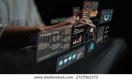 Futuristic Hands Interacting with Digital Interface Displaying Data Visualizations, Process Flow, AI Agents, and Performance Metrics in a Dark Environment Gluon.