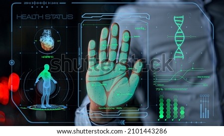 Futuristic health hand scanner identify user checking status show info closeup. Digital medical device scanning biometrics looking for diseases analysing organs. High-tech technology medicine concept