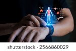 Futuristic health tech. A smartwatch projects a holographic health dashboard, providing real-time body analytics and vital signs monitoring anytime, anywhere.