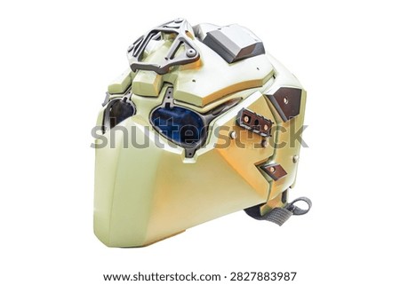 Futuristic helmet concept, sleek angular design, light green khaki color, high tech visor blue tint, chin strap and attachment points, smooth surface, even soft studio lighting, modern technology