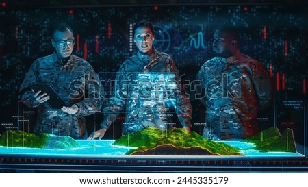Futuristic High Tech Warfare: Military Intelligence Specialists Use Augmented Reality Table Map to Scan Enemy Base. Army Recoinessance Using Advanced Sattelite Surveillance Technology For Big War