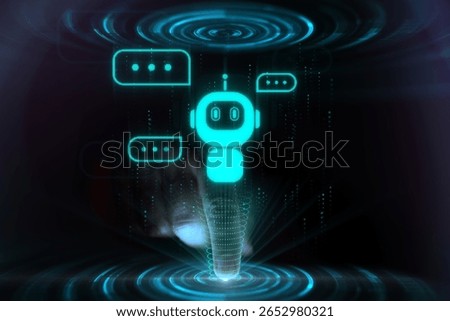 Futuristic hologram interface with a glowing chatbot icon and speech bubbles, activated by a finger touch. Concept of artificial intelligence and digital communication in a virtual environment.