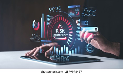 Futuristic holographic dashboard showing risk management graphics with hands interacting, on dark background. Concept of business analysis