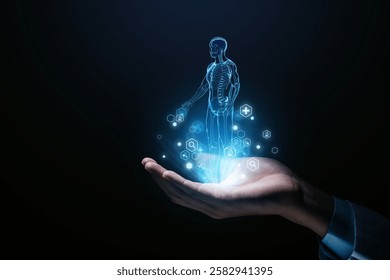 A futuristic holographic full-body scan displayed on a doctor's hand, showcasing digital healthcare technology. The interface highlights human anatomy, diagnostics