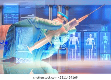 Futuristic Holographic Interface, showing medical Data in augmented reality from artificial intelligence AI. Paramedic's hand holding syringe and ampoule of drugs in the hospital. Close up view - Powered by Shutterstock