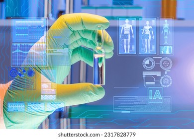 Futuristic Holographic Interface, showing medical Data in augmented reality from artificial intelligence AI. Paramedic's hand holding ampoule of drugs in the hospital. Close up view