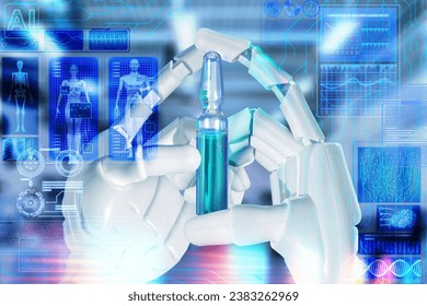 Futuristic Holographic Interface, showing medical Data in augmented reality from artificial intelligence AI. Plastic robot arms hand holding an ampoule of drugs in the hospital. Close up view
