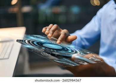 Futuristic Holographic Interface Usage Showcasing Innovation, Digital Technology, and Advanced Touch Controls