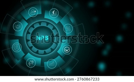 Futuristic HUD interface with NPS acronym in glowing blue concentric. 3d Motion graphics of technology icon interface background