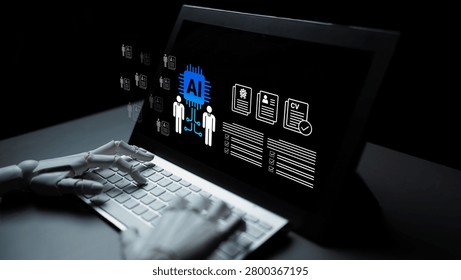 Futuristic Human-Computer Interaction Featuring AI and Digital Profiles on a Laptop Screen with Robotic Hand Typing in a Dark Environment