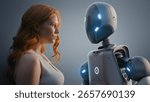 Futuristic Human-Machine Collaboration Concept: Visualization of Young Woman Looking Tenderly at Humanoid Robot. Symbol of Love, Connection and Harmony Between Humanity and Artificial Intelligence.