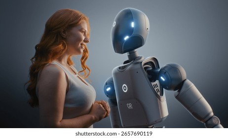 Futuristic Human-Machine Collaboration Concept: Visualization of Young Woman Looking Tenderly at Humanoid Robot. Symbol of Love, Connection and Harmony Between Humanity and Artificial Intelligence.