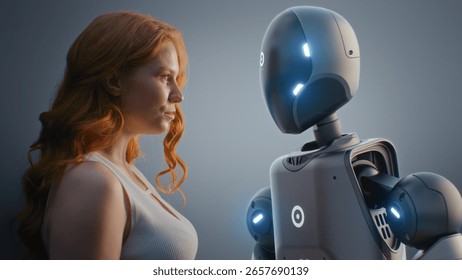 Futuristic Human-Machine Collaboration Concept: Visualization of Young Woman Looking Tenderly at Humanoid Robot. Symbol of Love, Connection and Harmony Between Humanity and Artificial Intelligence. - Powered by Shutterstock - Get 15% off with code: PIKWIZARD15