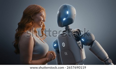 Futuristic Human-Machine Collaboration Concept: Visualization of Young Woman Looking Tenderly at Humanoid Robot. Symbol of Love, Connection and Harmony Between Humanity and Artificial Intelligence.