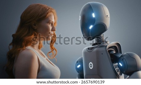 Futuristic Human-Machine Collaboration Concept: Visualization of Young Woman Looking Tenderly at Humanoid Robot. Symbol of Love, Connection and Harmony Between Humanity and Artificial Intelligence.