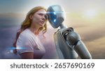 Futuristic Human-Machine Concept: Visualization of Young Woman Gently Touching Foreheads with Humanoid Robot at Sunset. Symbol of Love, Connection, Harmony Between Humanity and Artificial Intelligence