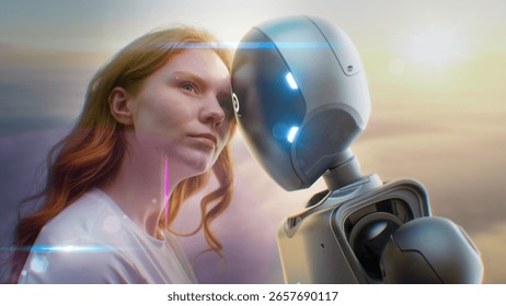 Futuristic Human-Machine Concept: Visualization of Young Woman Gently Touching Foreheads with Humanoid Robot at Sunset. Symbol of Love, Connection, Harmony Between Humanity and Artificial Intelligence
