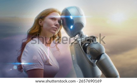 Futuristic Human-Machine Concept: Visualization of Young Woman Gently Touching Foreheads with Humanoid Robot at Sunset. Symbol of Love, Connection, Harmony Between Humanity and Artificial Intelligence