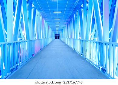 A futuristic illuminated walkway with a symmetrical design and glowing blue lights creates a modern, minimalist atmosphere. The empty corridor stretches into the distance with no people in sight - Powered by Shutterstock