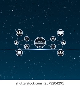 A futuristic illustration featuring "Web Development" at the center, connected to various icons representing teamwork, technology, and productivity against a starry night sky. Ideal for projects highl