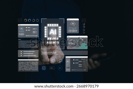Futuristic interface with AI agents, data analysis, chatbot UI, and command prompt. Concept of artificial intelligence, machine learning systems, digital transformation and smart automation. AI tech.